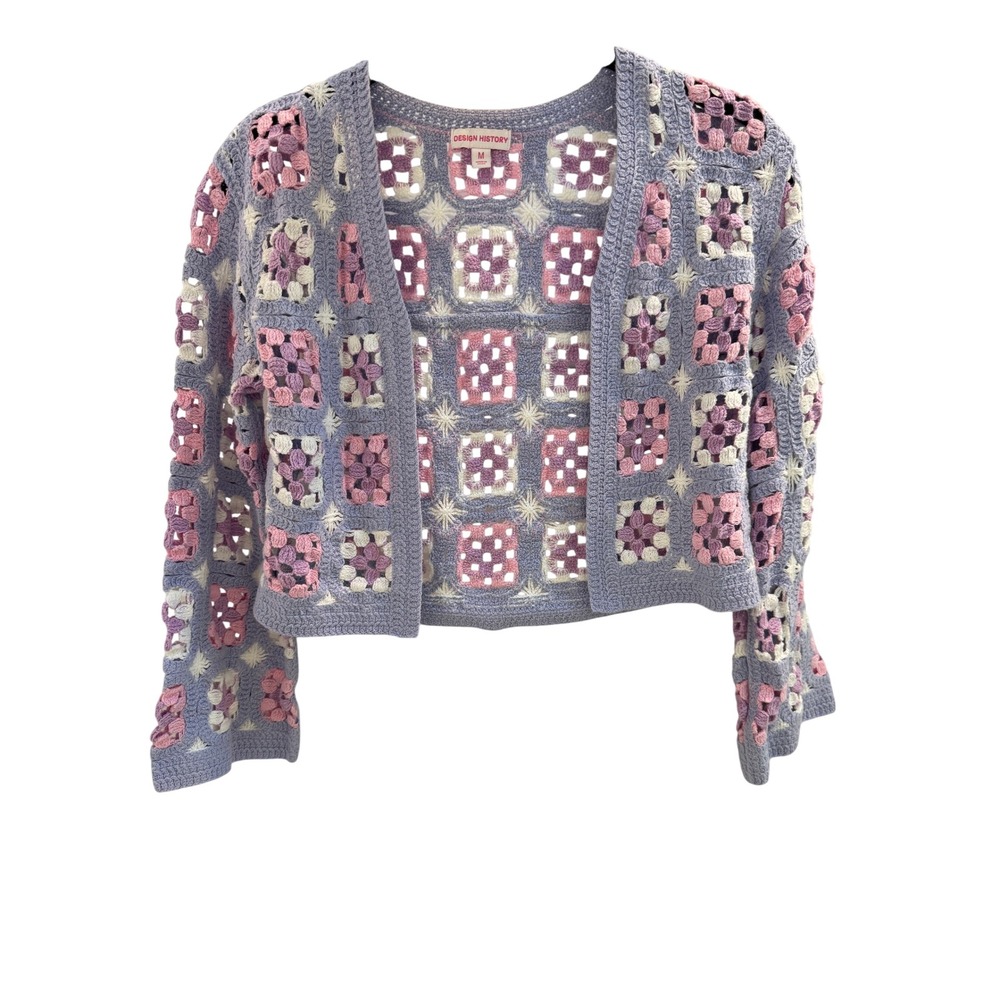 Design History Granny Square Crochet Cardigan Lavender Pink Cropped Sweater M